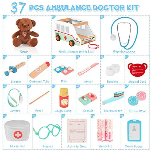 Activity-board  Jouet de médecin d'ambulance en bois pour enfants, 37 pièces, avec lunettes stéthoscope ours, étui de médecin, jeu de rôle pour enfants, jouet à tirer 