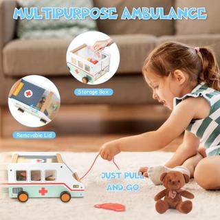 Activity-board  Jouet de médecin d'ambulance en bois pour enfants, 37 pièces, avec lunettes stéthoscope ours, étui de médecin, jeu de rôle pour enfants, jouet à tirer 