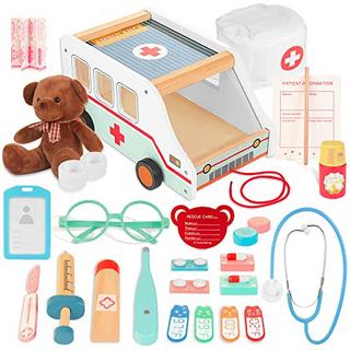 Activity-board  Jouet de médecin d'ambulance en bois pour enfants, 37 pièces, avec lunettes stéthoscope ours, étui de médecin, jeu de rôle pour enfants, jouet à tirer 