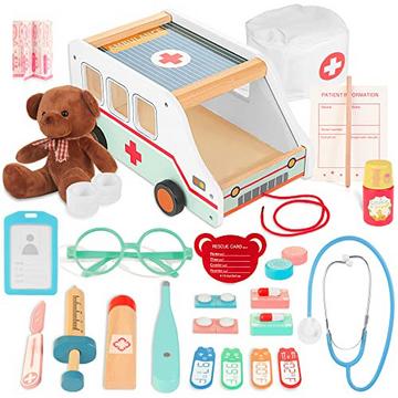 Jouet de médecin d'ambulance en bois pour enfants, 37 pièces, avec lunettes stéthoscope ours, étui de médecin, jeu de rôle pour enfants, jouet à tirer