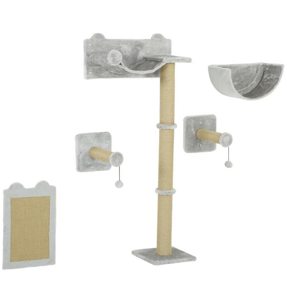 Mur d'escalade pour chat 5 pièces. Arbre à chat grimpant avec griffoirs, hamac, plateforme de saut, arbre à chat mural, meuble mural pour chat jusqu'à 5 kg, polyester, gris clair.