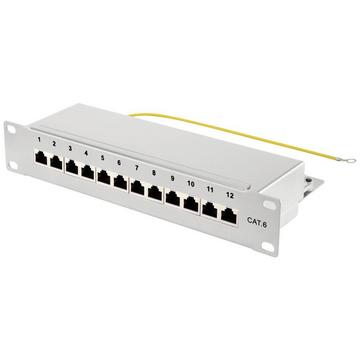 12-Port Patch Panel CAT. 6, 1 HE, 254 mm (10″) mit horizontalem Kabeleinlass