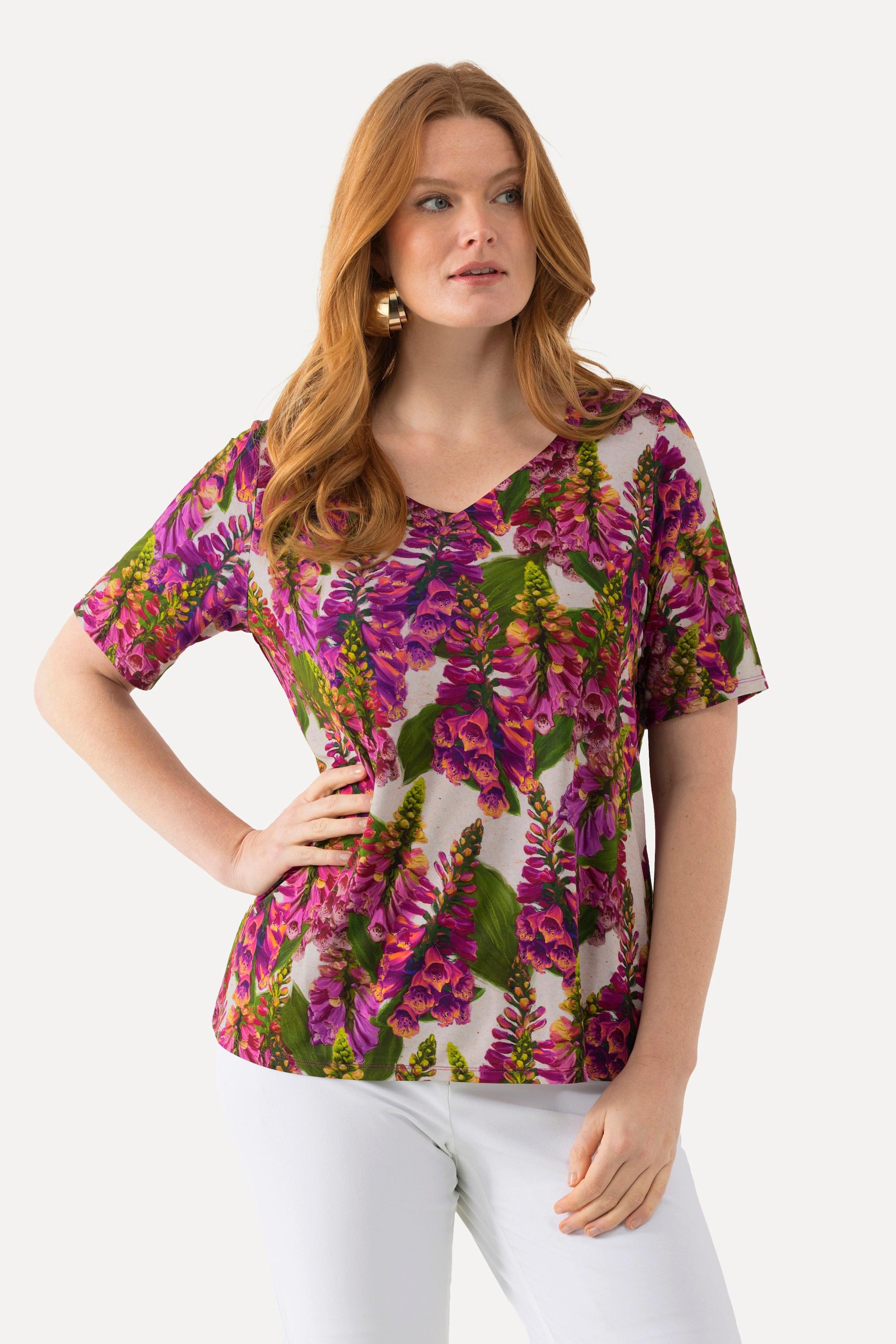 Ulla Popken T-shirt Slinky Imprimé Lupins Coupe Évasée Décolleté Cœur Manches Courtes  