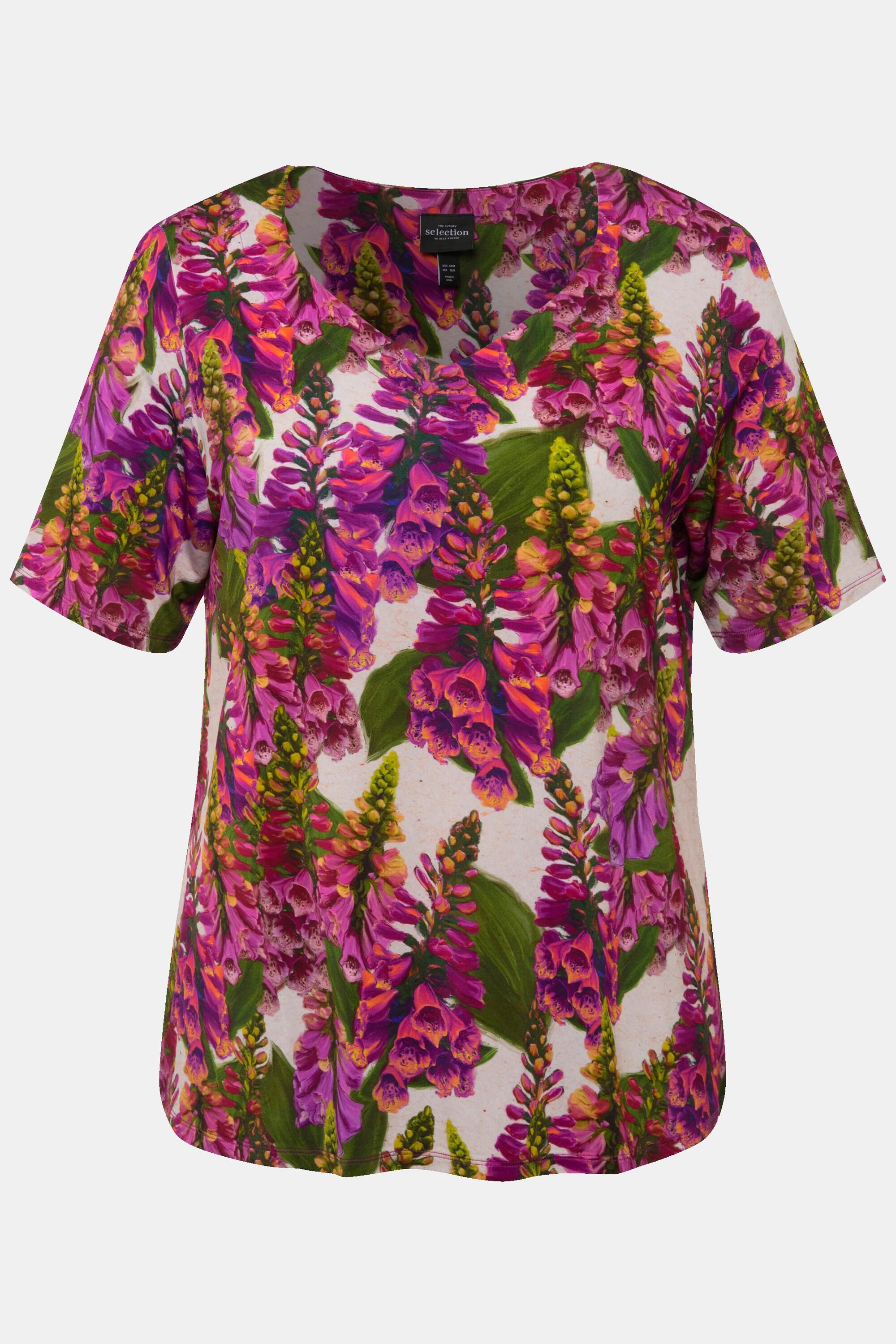 Ulla Popken T-shirt Slinky Imprimé Lupins Coupe Évasée Décolleté Cœur Manches Courtes  