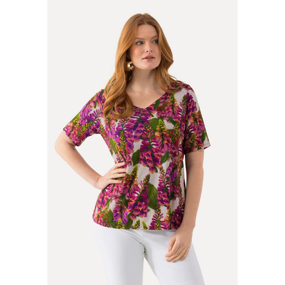 Ulla Popken Maglia Slinky Stampa Lupini Taglio Svasato Scollo a Cuore Mezze Maniche  