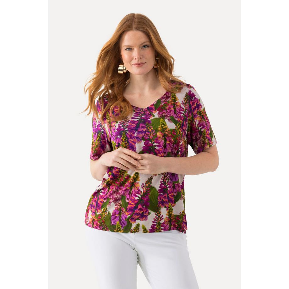 Ulla Popken Maglia Slinky Stampa Lupini Taglio Svasato Scollo a Cuore Mezze Maniche  