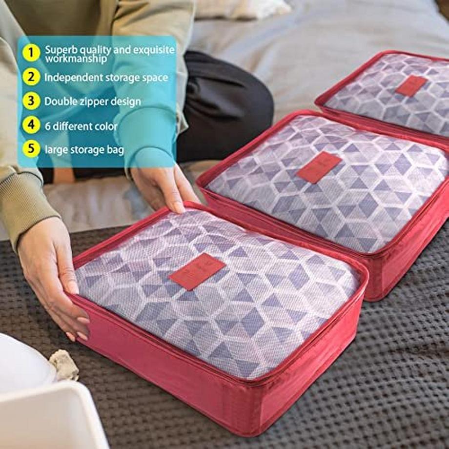 Only-bags.store 8-teiliges Packwürfel Set mit Schuhbeutel und Wäschesäcken Pink Cherry  