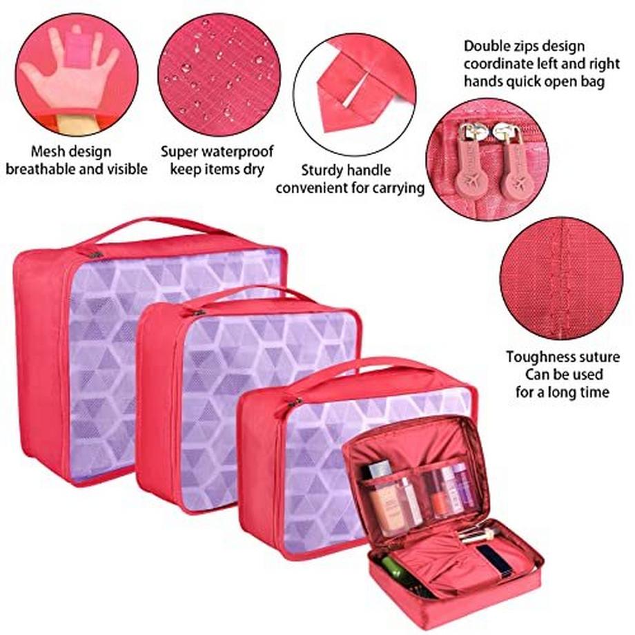 Only-bags.store 8-teiliges Packwürfel Set mit Schuhbeutel und Wäschesäcken Pink Cherry  