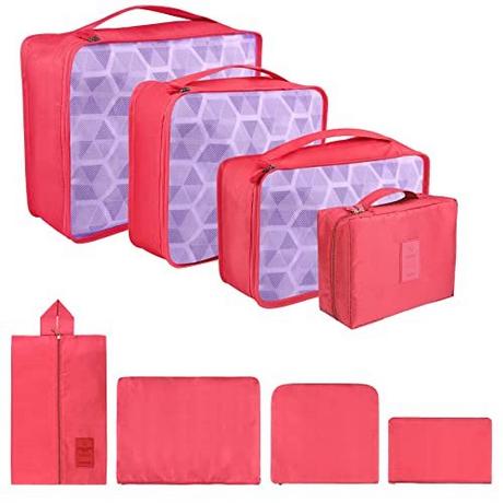 Only-bags.store  Packung mit 8 Packwürfeln, Koffer-Organisationswürfel, mit Schuhbeutel, Wäschesack, Reiseorganisator, Kleidersack, für Rucksack, Pink Cherry 