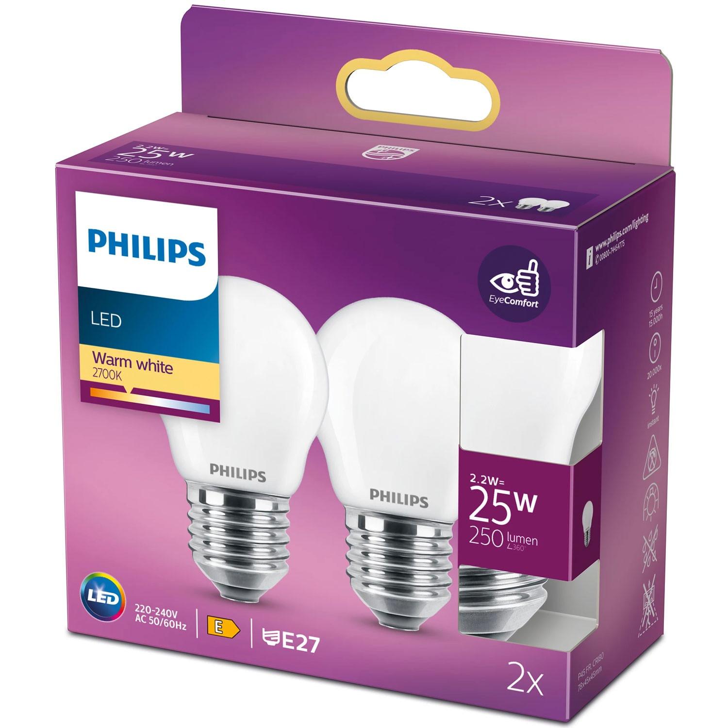 PHILIPS 2er-Pack LED E27 P45 Globe 25W Frost 250lm  