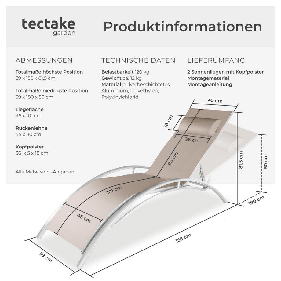 Tectake 2er Set Gartenliege Alina Textilene-Gewebe mit Aluminiumgestell  