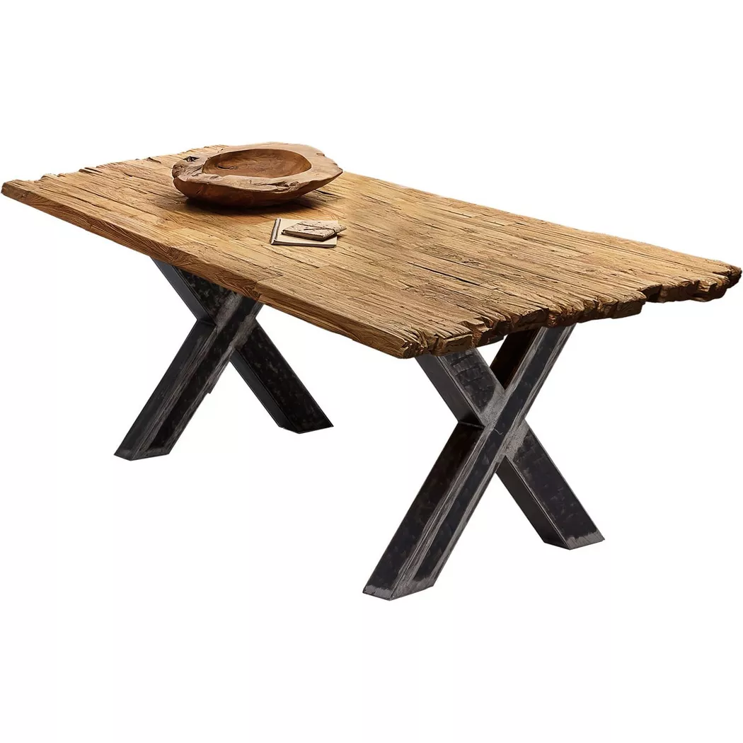 SIT Esstisch "Avola aus recyceltem Teak mit 50-mm-Platte & X-Gestell" 50-mm-Teakplatte mit gewollten Bruchkanten an den kurzen Seiten