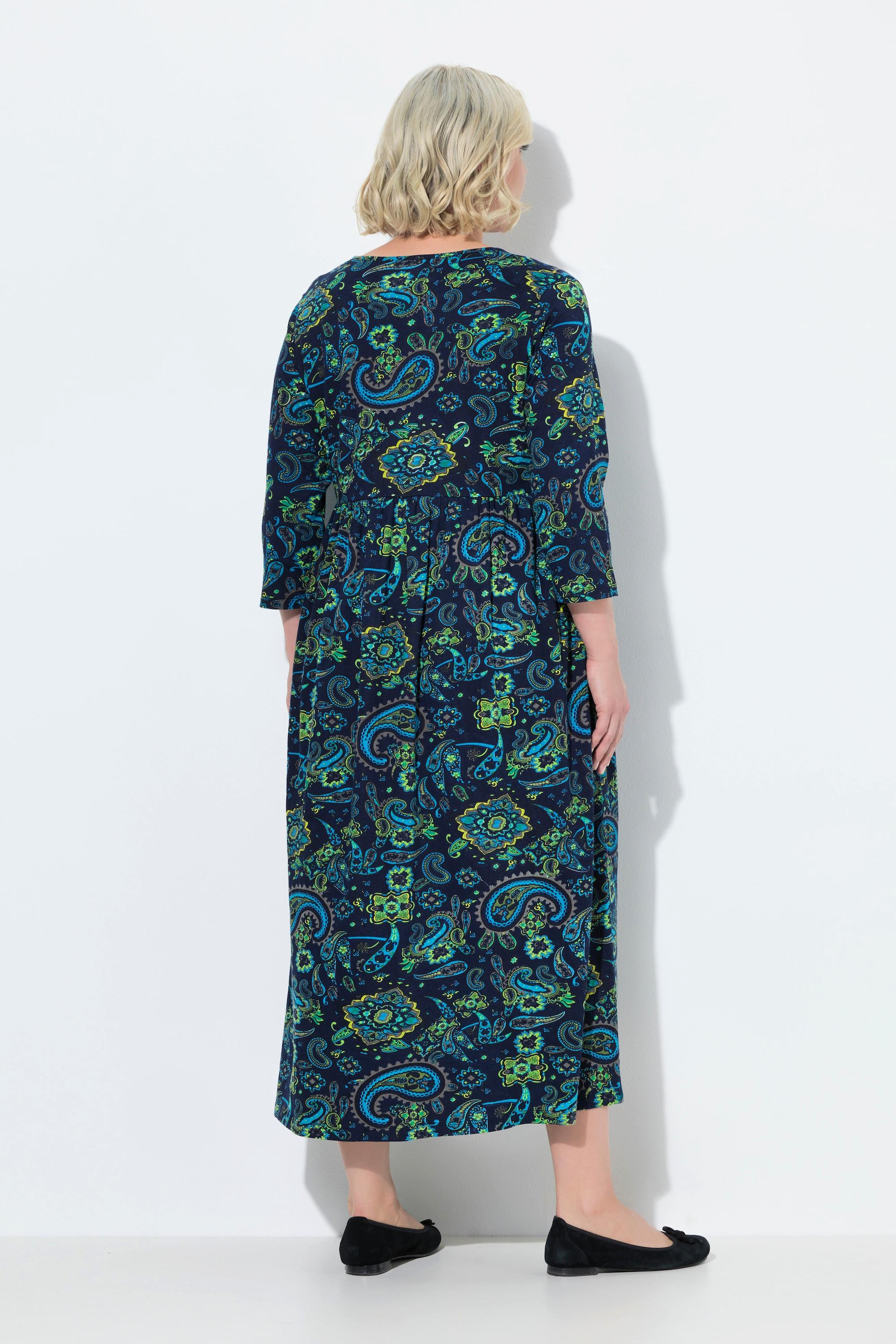 Ulla Popken Robe en jersey Paisley Coupe A V-Col Manches 3/4  