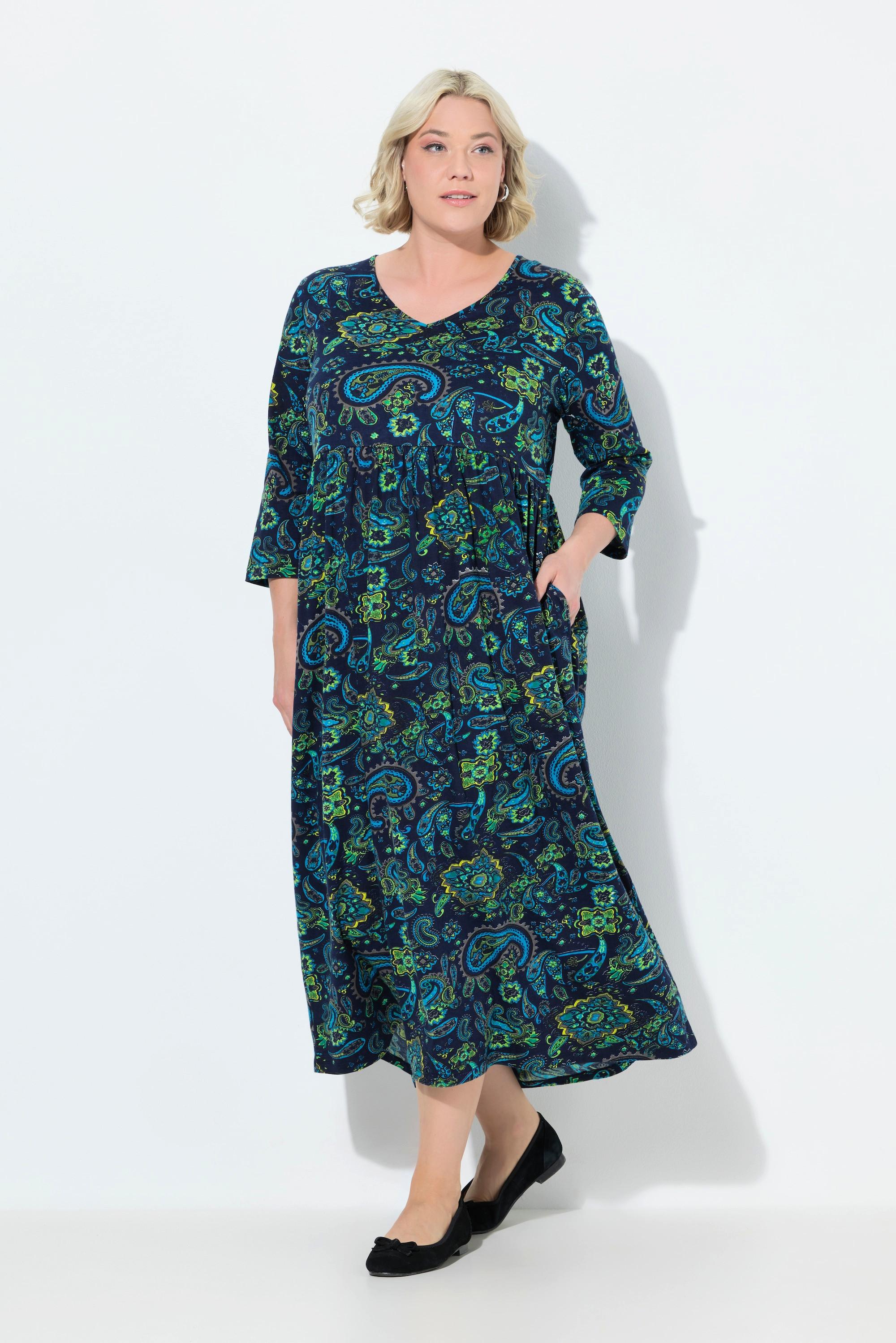 Ulla Popken Robe en jersey Paisley Coupe A V-Col Manches 3/4  