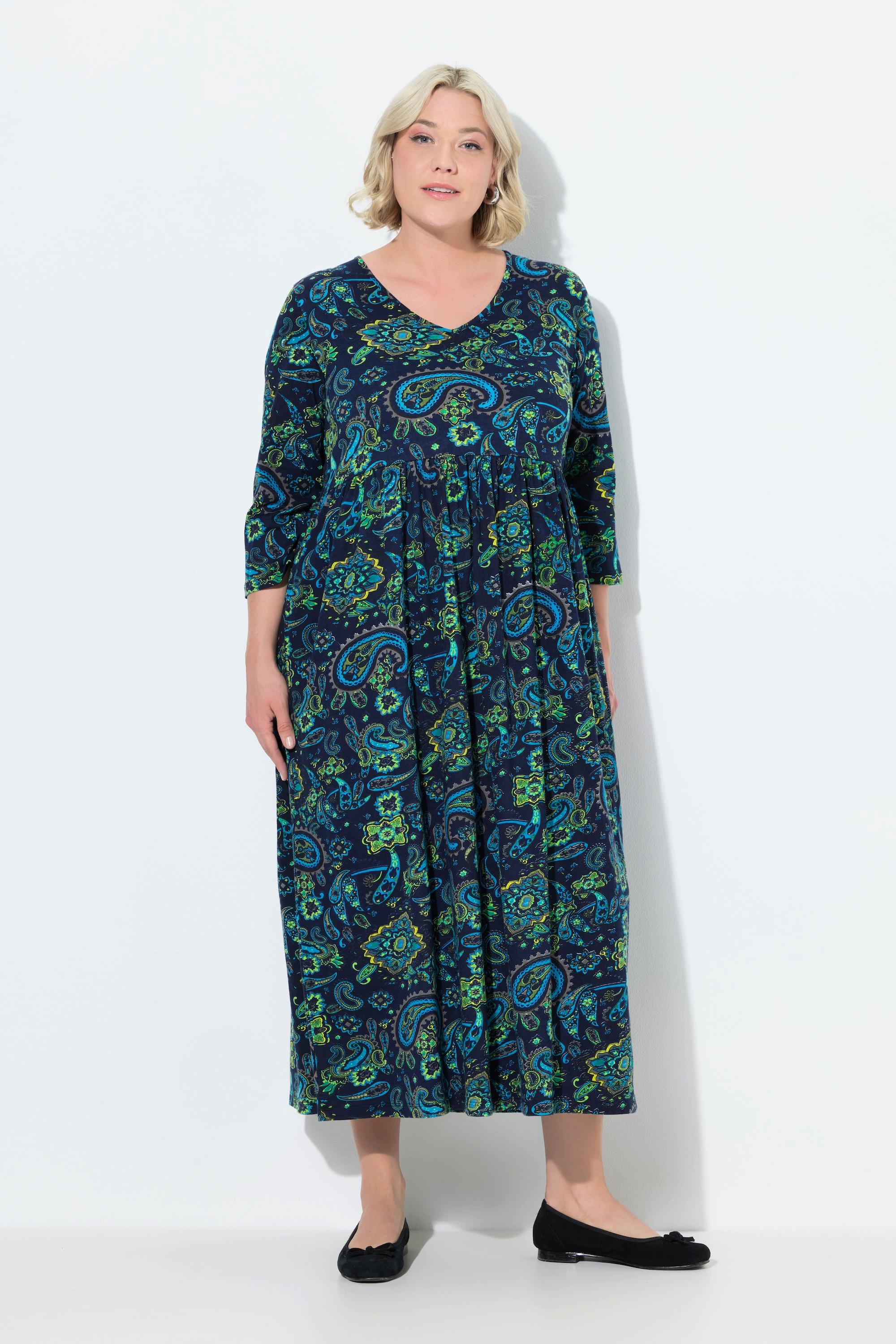 Ulla Popken Robe en jersey Paisley Coupe A V-Col Manches 3/4  