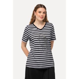 Ulla Popken  T-Shirt, Ringel, Metallic-Tiermotiv, V-Ausschnitt, Halbarm 