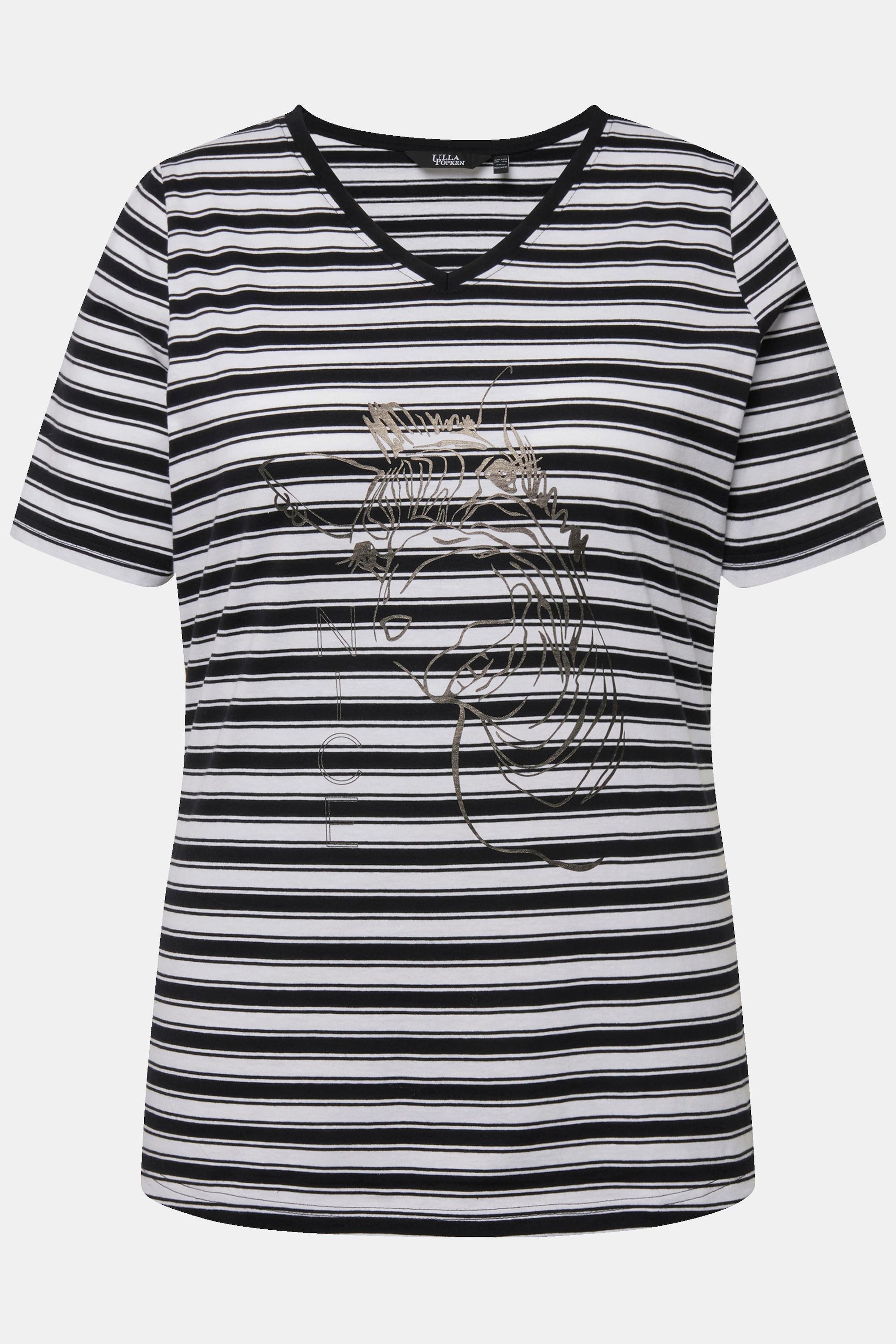 Ulla Popken  T-shirt a righe con design metallico con animale, scollo a V e mezze maniche 