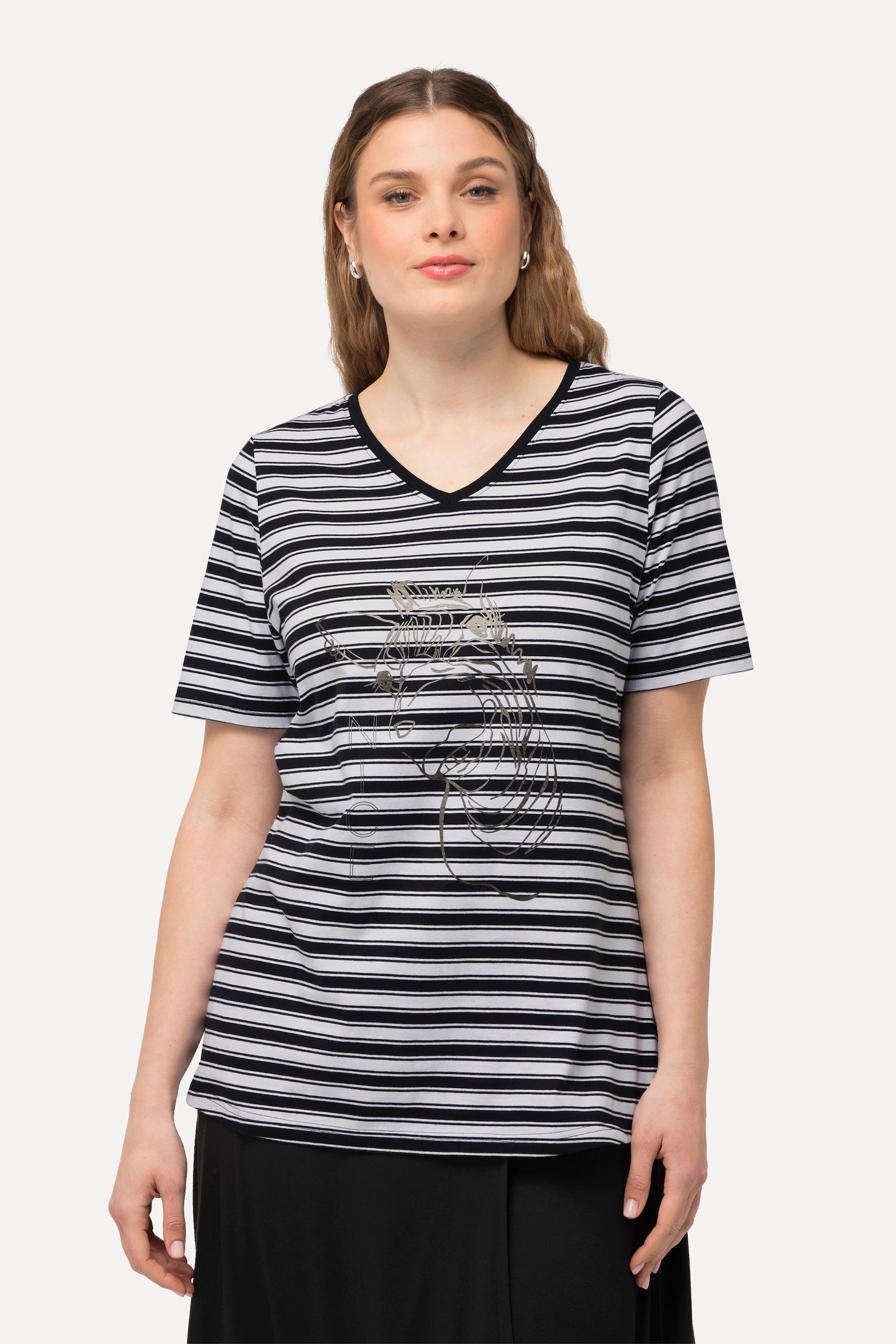 Ulla Popken  T-shirt a righe con design metallico con animale, scollo a V e mezze maniche 