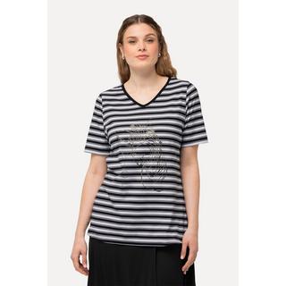 Ulla Popken  T-Shirt, Ringel, Metallic-Tiermotiv, V-Ausschnitt, Halbarm 