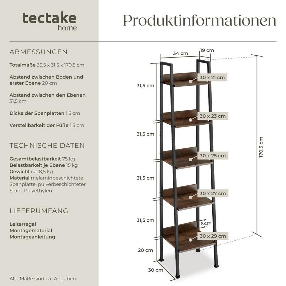 Tectake Leiterregal Folkestone Industrial Style Holz und Stahl  