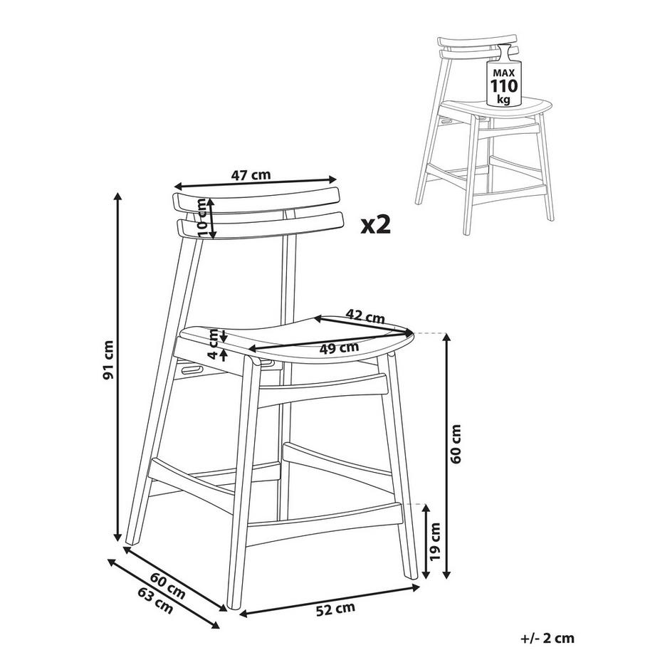 Beliani Lot de 2 chaises de bar en Bois d'hévéa  CYNTHIANA  