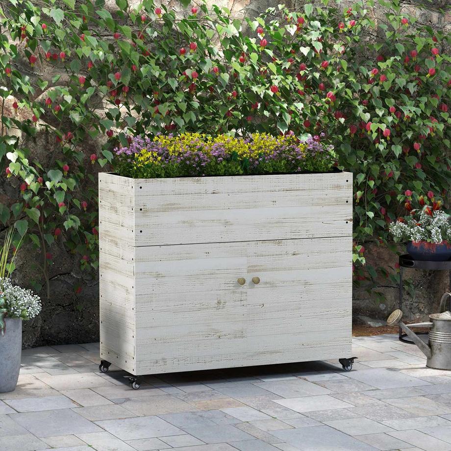 Northio Hochbeet aus Holz mit Schrankfach, Kräuterbeet mit Rollen, Pflanzkasten 110 x 50 x 95 cm, Blumenkasten mit Vliesstoff, Weiß für Garten & Balkon  