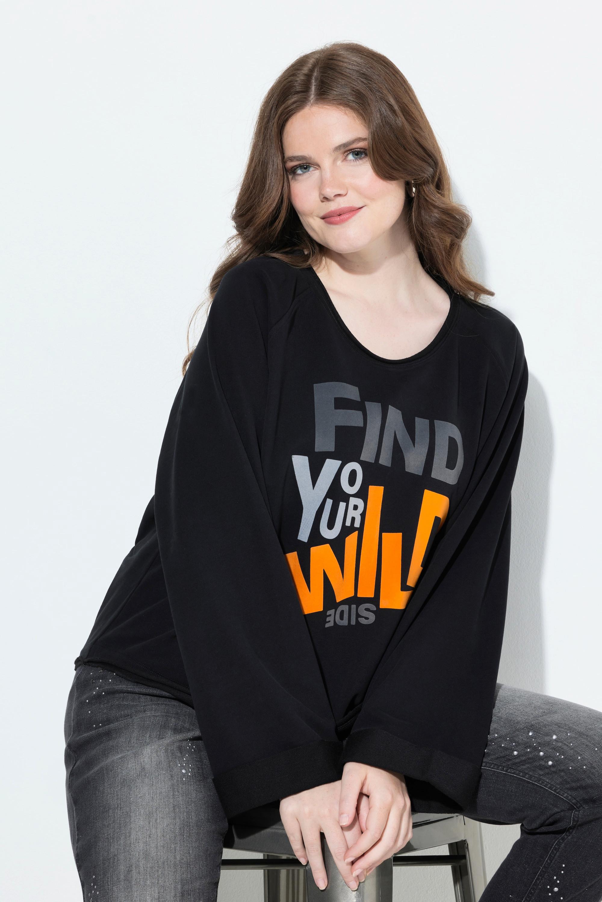 Ulla Popken Sweatshirt Schriftmotiv Rollkanten Rundhals Langarm  