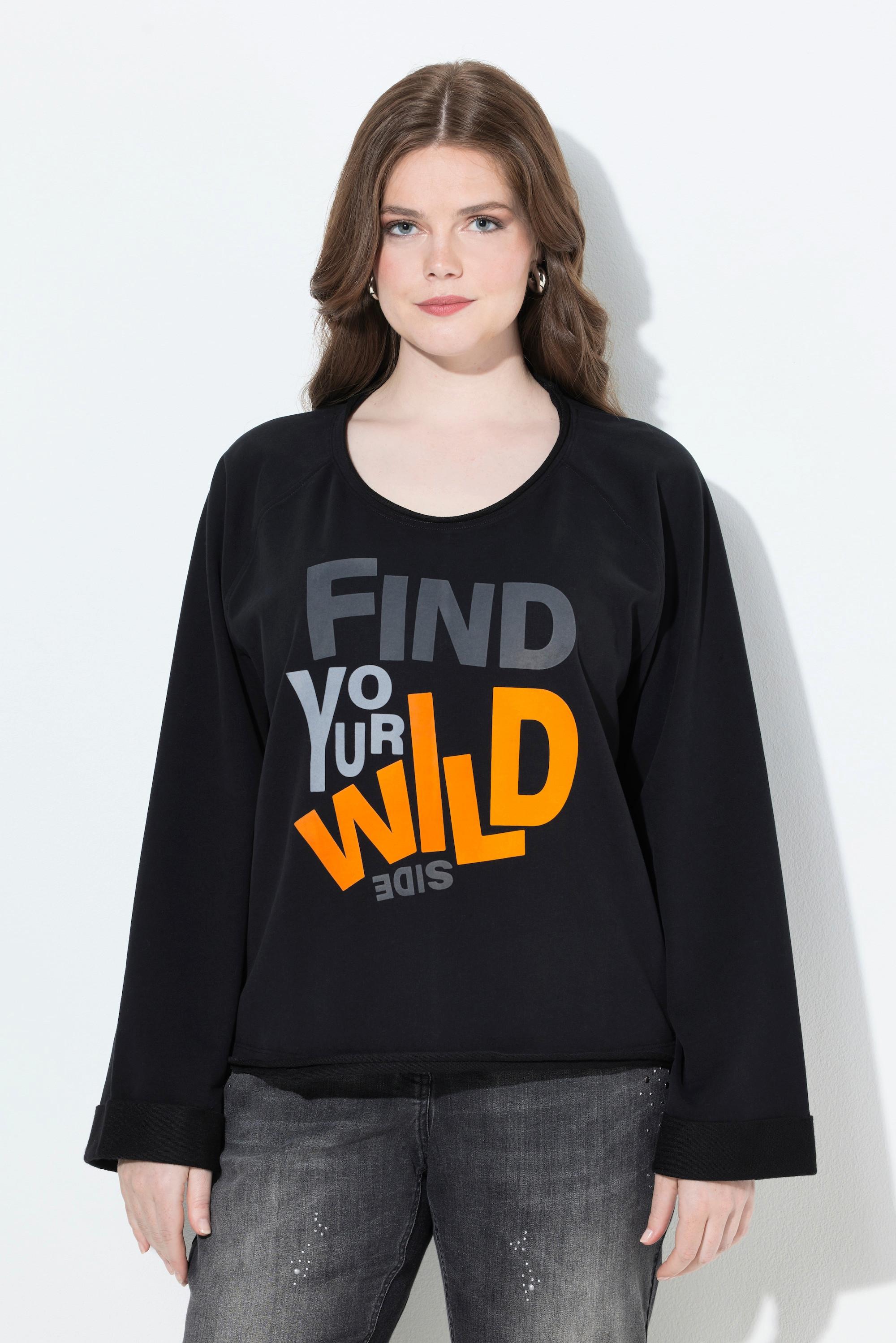 Ulla Popken Sweatshirt Schriftmotiv Rollkanten Rundhals Langarm  