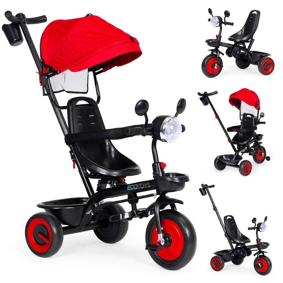 Poussette tricycle 3 en 1 pour enfants avec siège pivotant, auvent, rouge, ECOTOYS