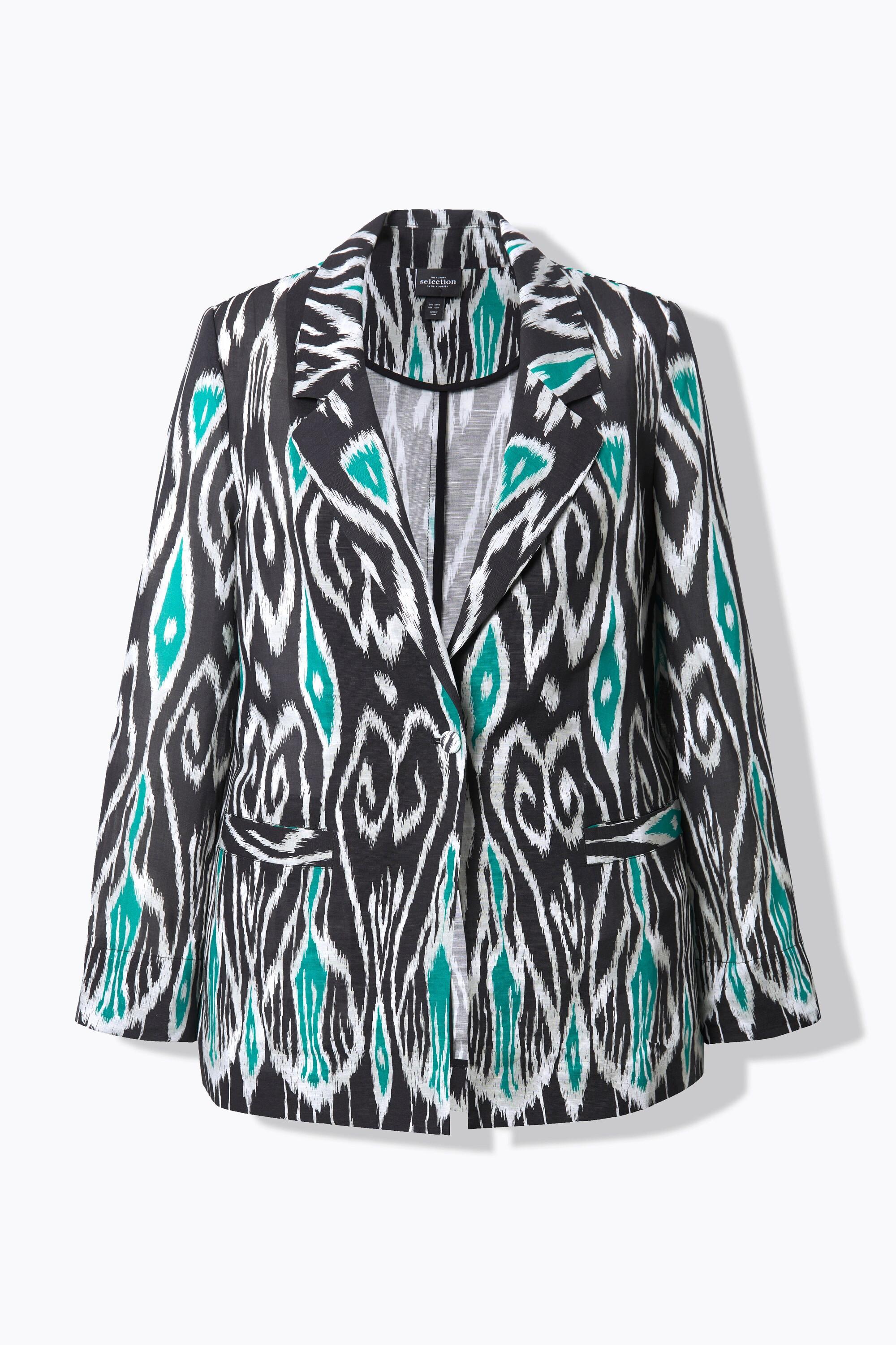 Ulla Popken Blazer Misto Lino Stampa Grafica Collo Revers  