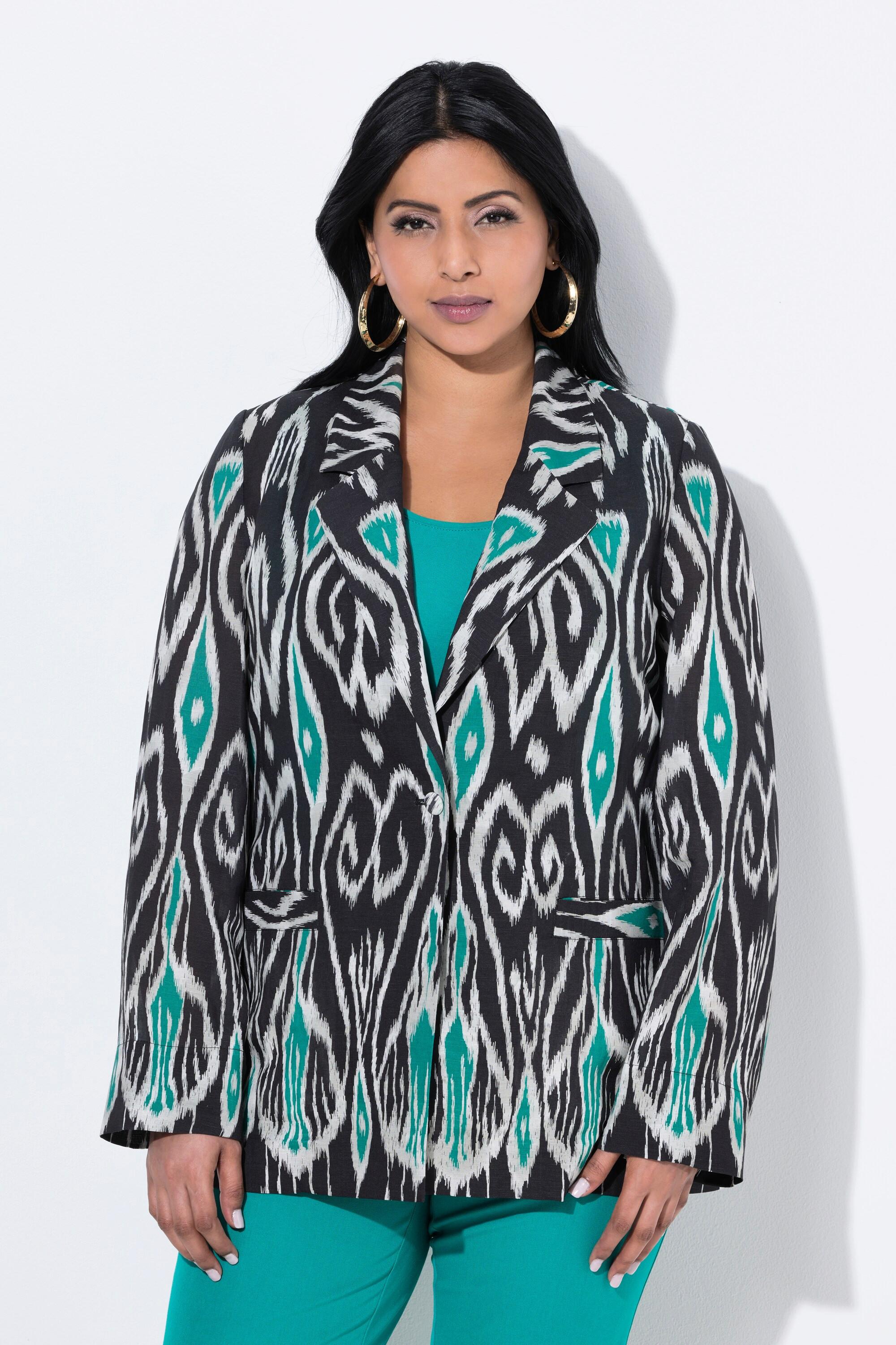 Ulla Popken Blazer Misto Lino Stampa Grafica Collo Revers  