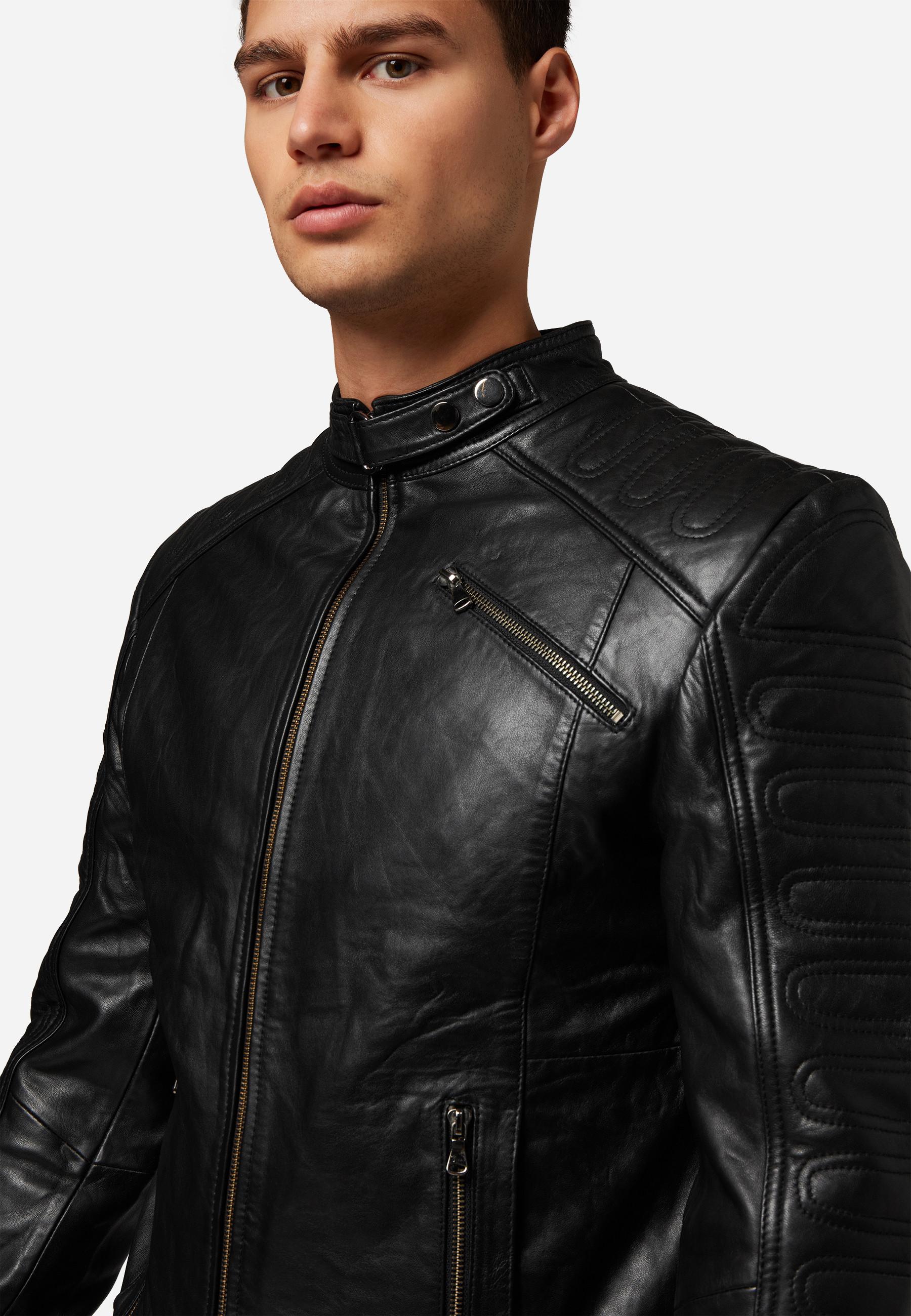 RICANO  Veste en cuir pour homme 410 - Veste de motard avec fermeture à bouton-pression sur la bande 