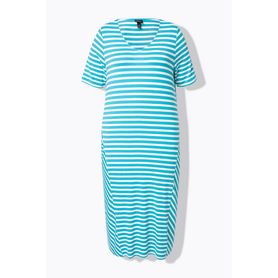 Ulla Popken Robe midi rayée A-ligne Col V Manches courtes  