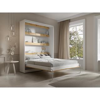 Vente-unique Lit escamotable 160 x 200 cm - Ouverture verticale manuelle - Avec LEDs - Blanc et naturel + Matelas - RAPILI  