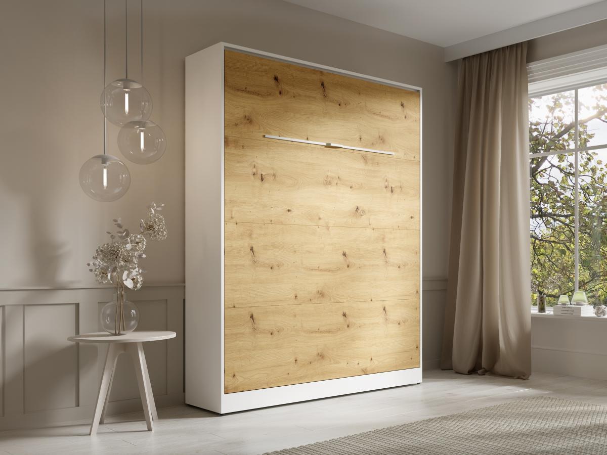 Vente-unique Lit escamotable 160 x 200 cm - Ouverture verticale manuelle - Avec LEDs - Blanc et naturel + Matelas - RAPILI  