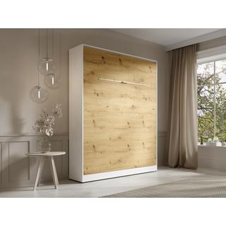 Vente-unique Lit escamotable 160 x 200 cm - Ouverture verticale manuelle - Avec LEDs - Blanc et naturel + Matelas - RAPILI  