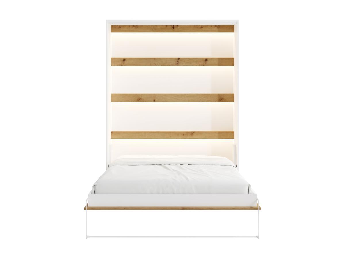 Vente-unique Lit escamotable 160 x 200 cm - Ouverture verticale manuelle - Avec LEDs - Blanc et naturel + Matelas - RAPILI  