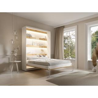 Vente-unique Lit escamotable 160 x 200 cm - Ouverture verticale manuelle - Avec LEDs - Blanc et naturel + Matelas - RAPILI  