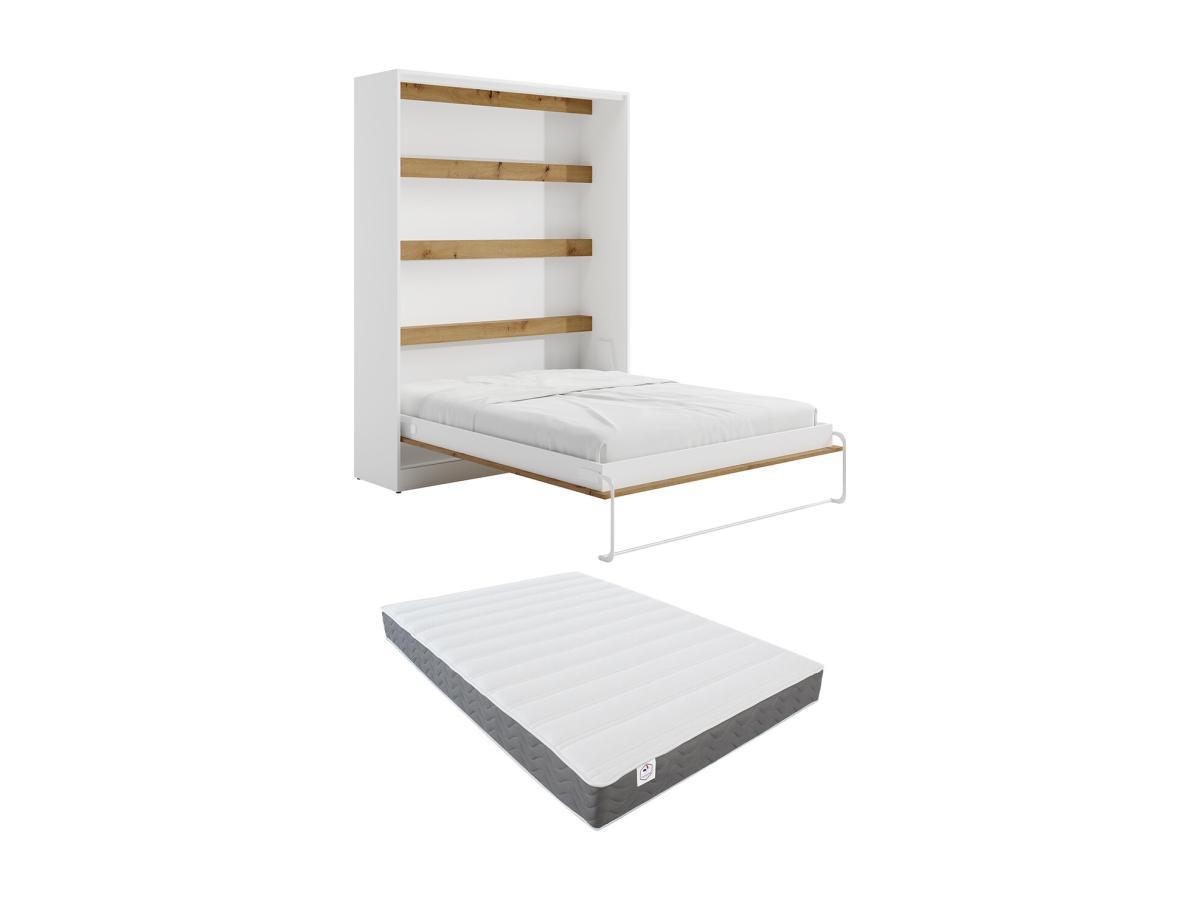 Vente-unique Lit escamotable 160 x 200 cm - Ouverture verticale manuelle - Avec LEDs - Blanc et naturel + Matelas - RAPILI  