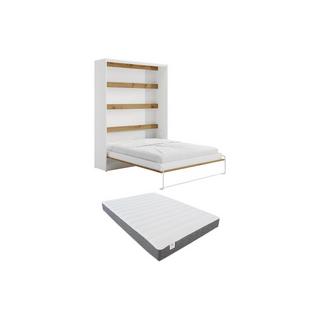 Vente-unique Lit escamotable 160 x 200 cm - Ouverture verticale manuelle - Avec LEDs - Blanc et naturel + Matelas - RAPILI  