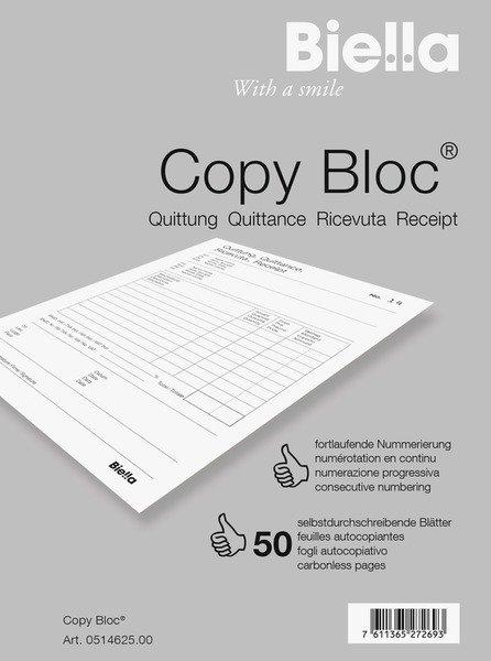 Biella BIELLA Quittung COPY-BLOC D/F/I/E A6 514625.00 selbstdurchschreib. 50x2 Blatt  