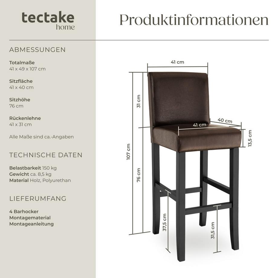 Tectake Barhocker  gepolstert mit Rückenlehne Bezug aus Kunstleder  