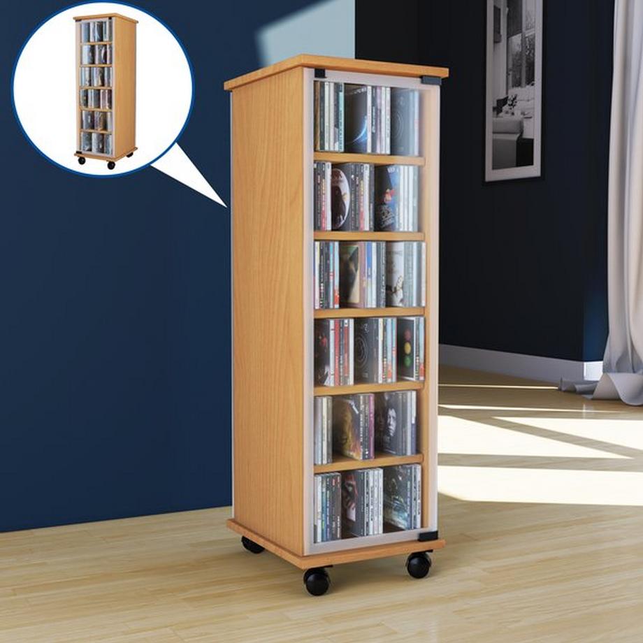 VCM CD Regal Holz | CD Schrank mit ESG-Sicherheitsglastüren für 204 CDs oder 72 DVDs | Maße: H. 98 x B. 31 x T. 35 cm | Elegantes DVD Regal mit Rollen |  