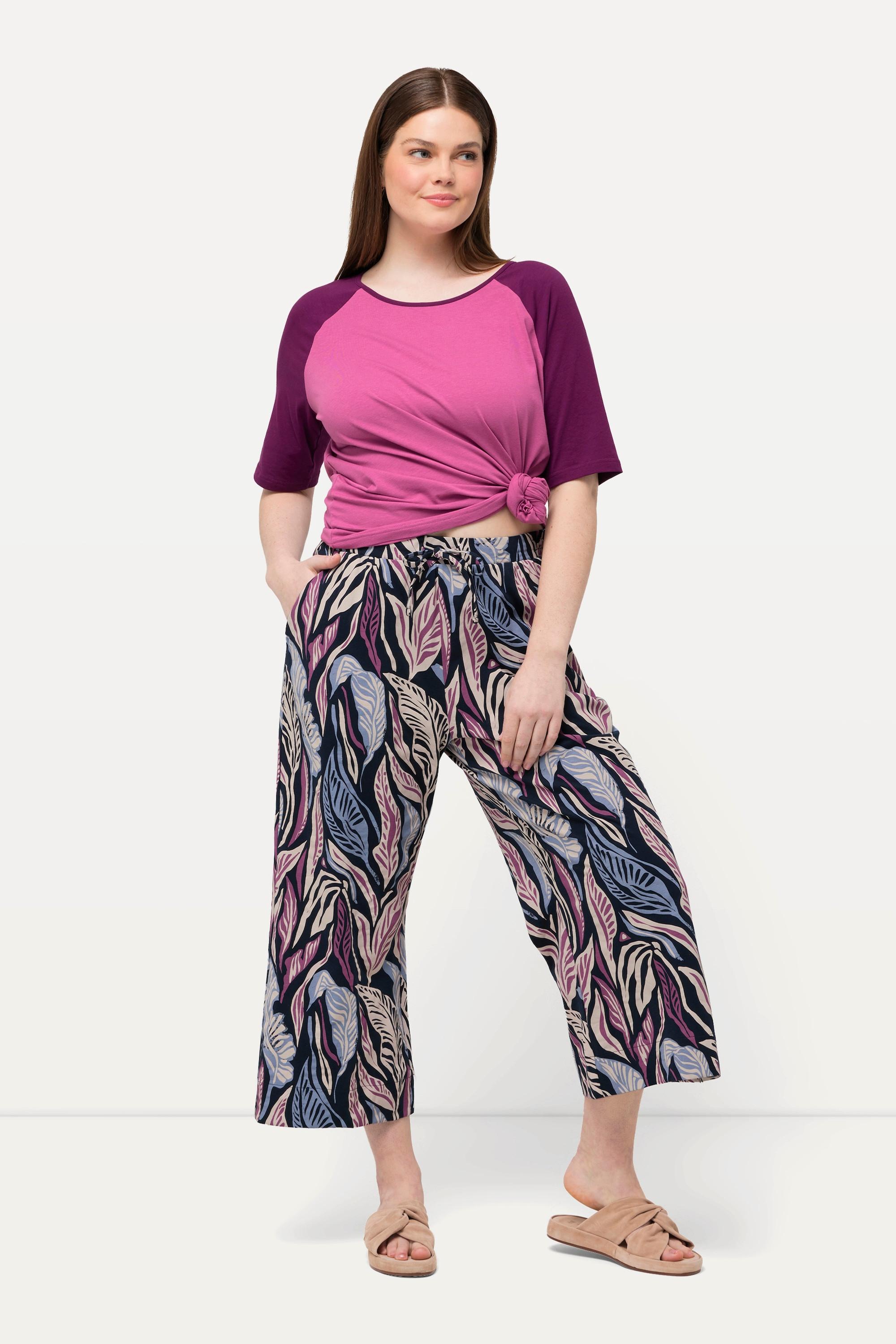 Ulla Popken  Culottes in jersey di cotone biologico con foglie, cintura elastica e taglio della gamba ampio 