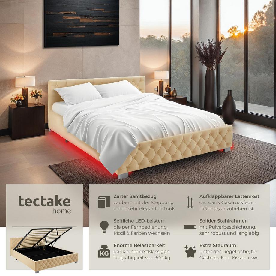 Tectake Polsterbett Daytona in Samtoptik mit Steppmuster indirekte LED-Beleuchtung an den Seiten  