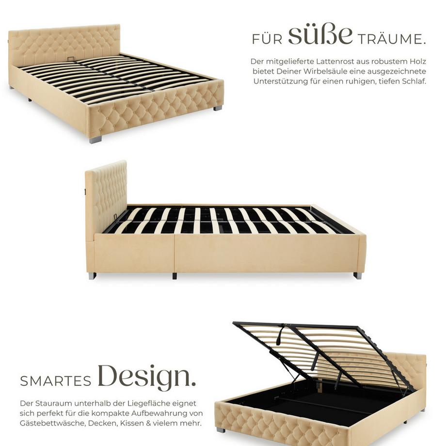 Tectake Polsterbett Daytona in Samtoptik mit Steppmuster indirekte LED-Beleuchtung an den Seiten  