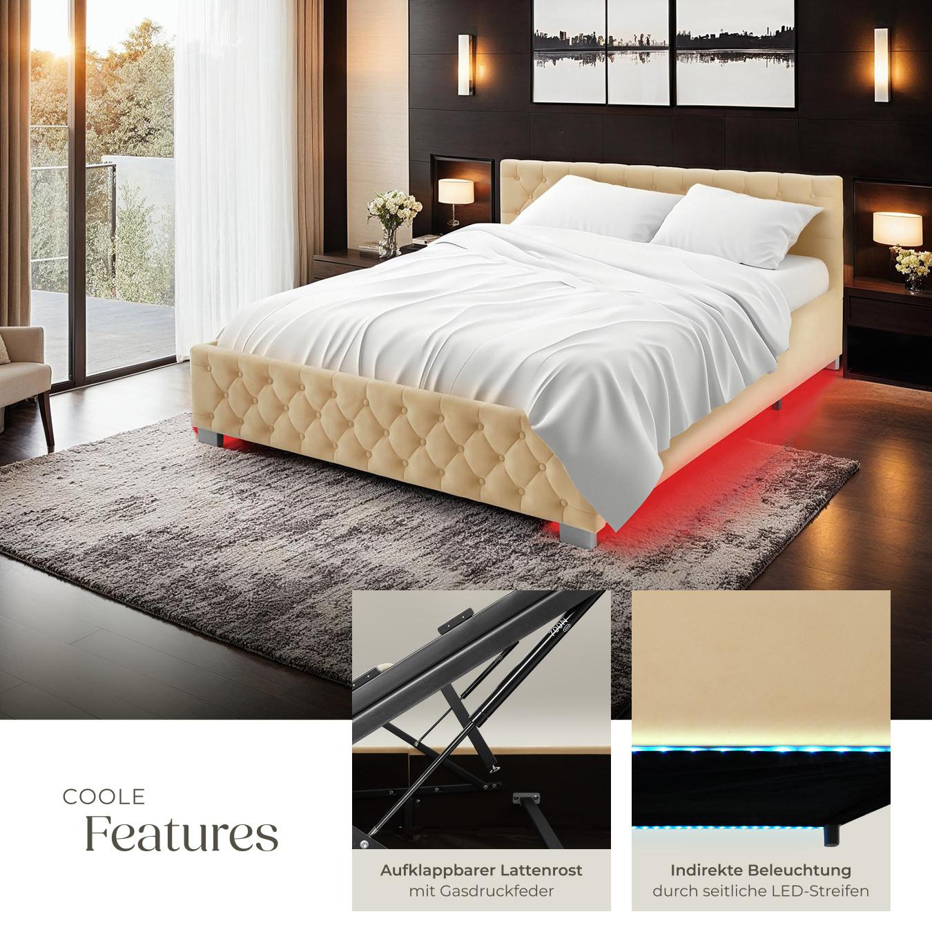 Tectake Polsterbett Daytona in Samtoptik mit Steppmuster indirekte LED-Beleuchtung an den Seiten  