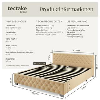 Tectake Polsterbett Daytona in Samtoptik mit Steppmuster indirekte LED-Beleuchtung an den Seiten  