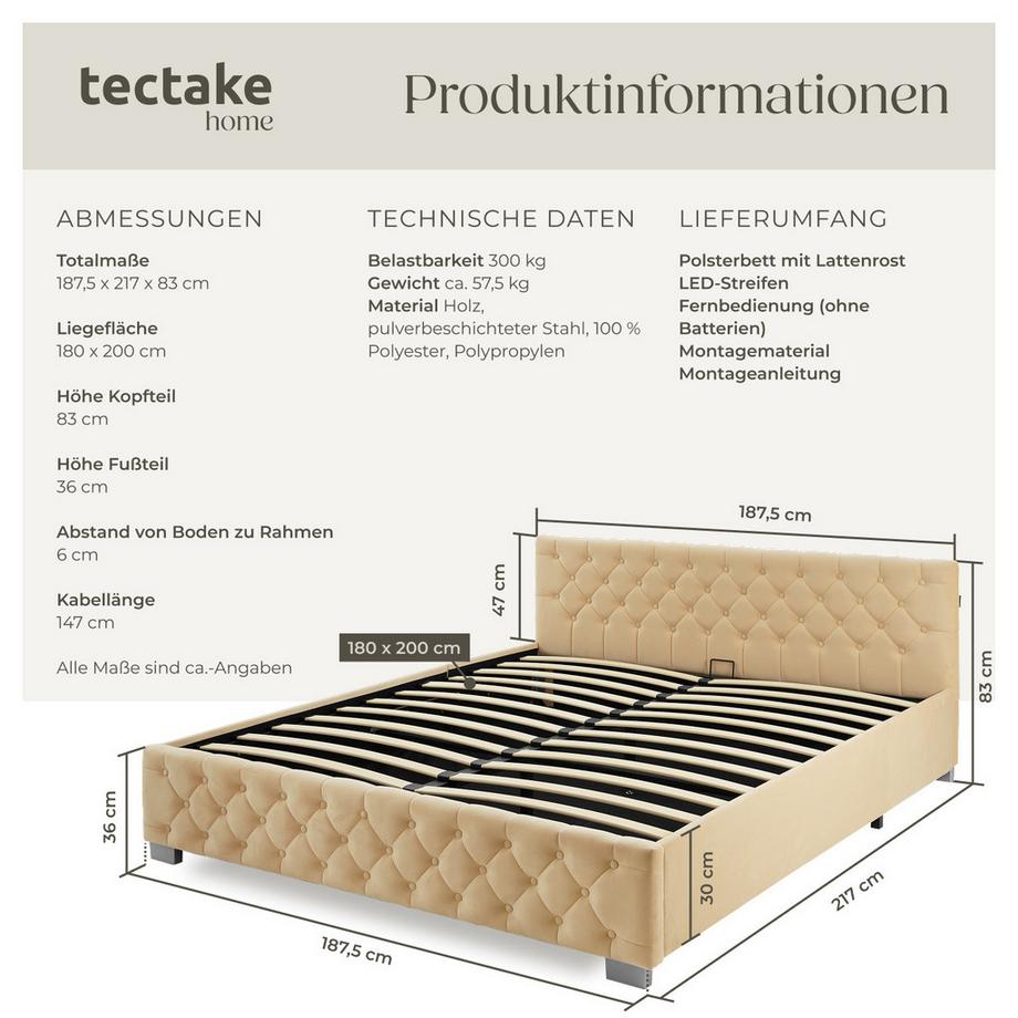Tectake Polsterbett Daytona in Samtoptik mit Steppmuster indirekte LED-Beleuchtung an den Seiten  