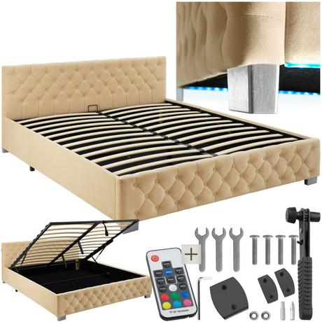 Tectake Polsterbett Daytona in Samtoptik mit Steppmuster indirekte LED-Beleuchtung an den Seiten  